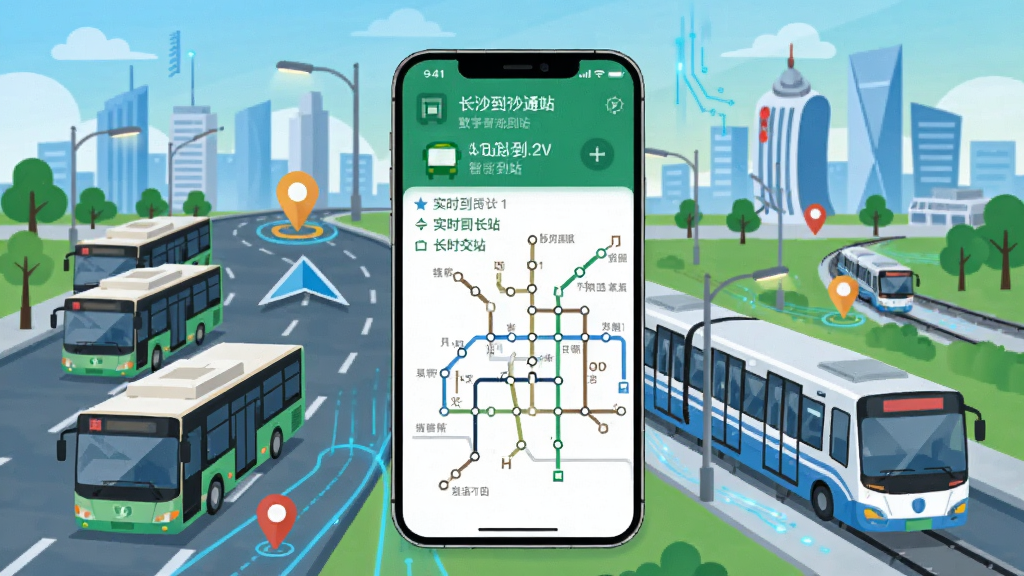 数字长沙智慧交通出行功能展示图,画面中心为手机屏幕显示实时公交到站信息和地铁线路图,背景是长沙城市道路与行驶中的公交车、地铁列车,画面中融入导航箭头和定位图标,风格为科技感扁平插画,色彩明亮,布局清晰,细节丰富,画质干净