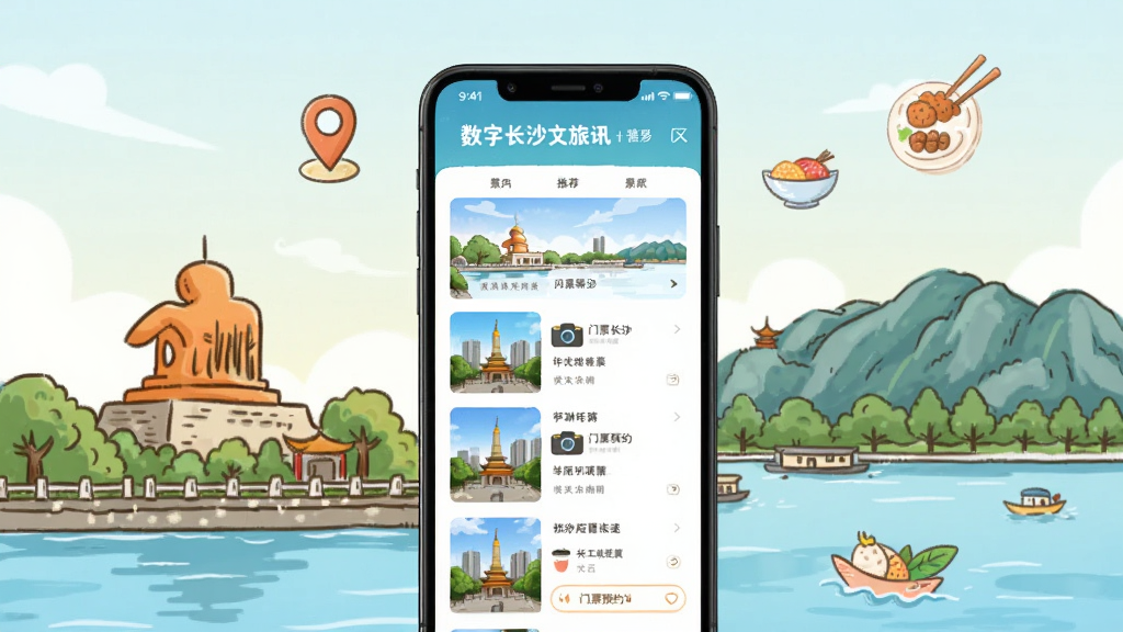 数字长沙文旅资讯功能展示图,手机屏幕显示景点推荐列表和门票预约页面,背景为橘子洲头和岳麓山的手绘风格插画,画面中有地图定位图标、相机、美食符号等元素,风格为清新旅游插画,色彩温暖明亮,细节丰富,画质干净