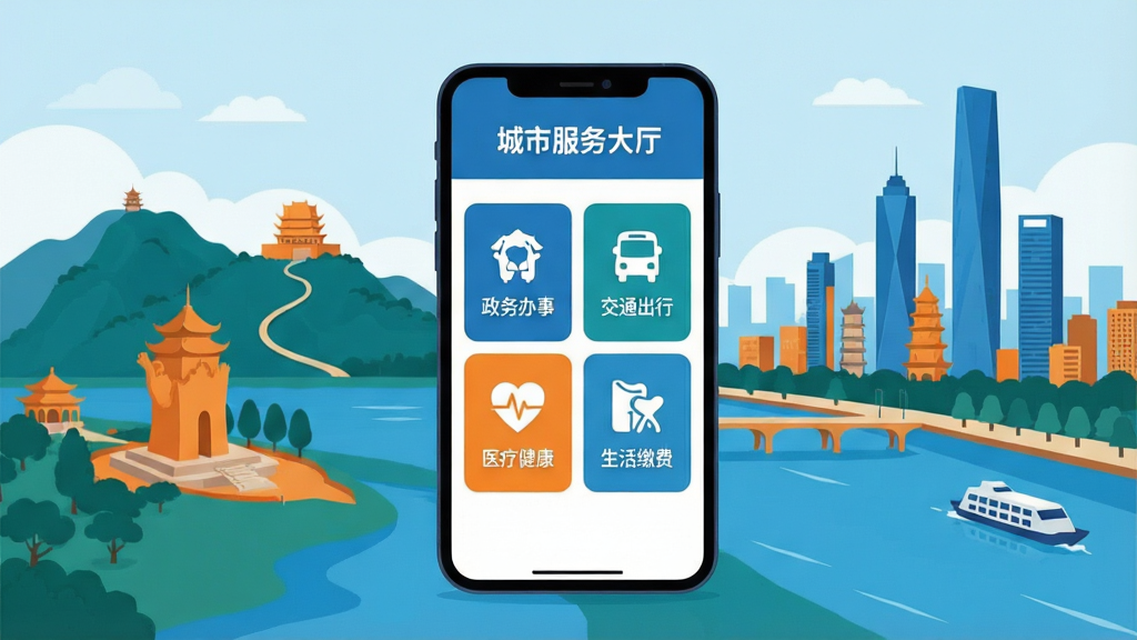 一幅展示数字长沙应用核心界面的场景插画,画面中央是一部智能手机,屏幕显示城市服务大厅首页,包含政务办事、交通出行、医疗健康、生活缴费等图标模块,背景是长沙标志性建筑如橘子洲头、岳麓山和湘江,城市天际线清晰可见,整体风格为扁平化科技感插画,色彩以蓝色和橙色为主,布局简洁大气,细节丰富,高清画质,画面干净无多余元素