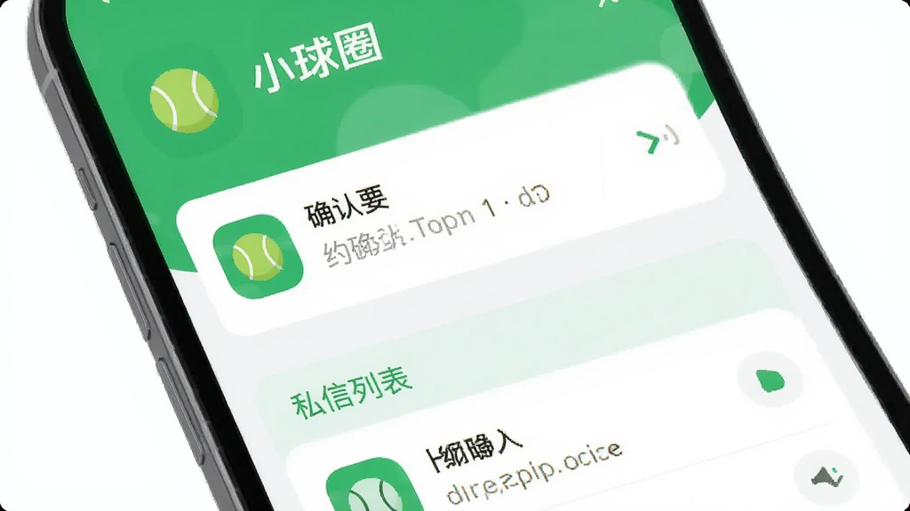 主体是手机屏幕显示小球圈应用的消息通知界面,布局为竖向排列,排版清晰展示约球确认和私信列表,风格为扁平化UI设计,细节包括绿色主题色、网球图标和“小球圈”字样,画质干净无多余元素。