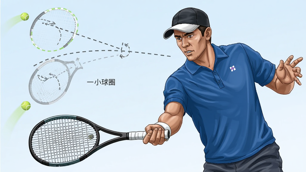 主体是一位网球教练正在示范挥拍动作,布局为对角线构图,排版突出人物与球拍,风格为专业体育教学插图,细节包括分解动作虚线、网球飞行轨迹和“小球圈”文字标识,画质锐利干净无多余元素。