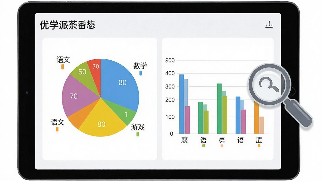一张展示优学派家长管理学习报告功能的界面图。画面是一个平板电脑屏幕,上面显示着彩色饼状图和柱状图,分别标注着“语文”、“数学”、“英语”、“游戏”等类别的时间占比。旁边有一个放大镜图标,象征行为轨迹分析。整体风格数据可视化、简洁、现代,画质清晰,干净,无多余元素。