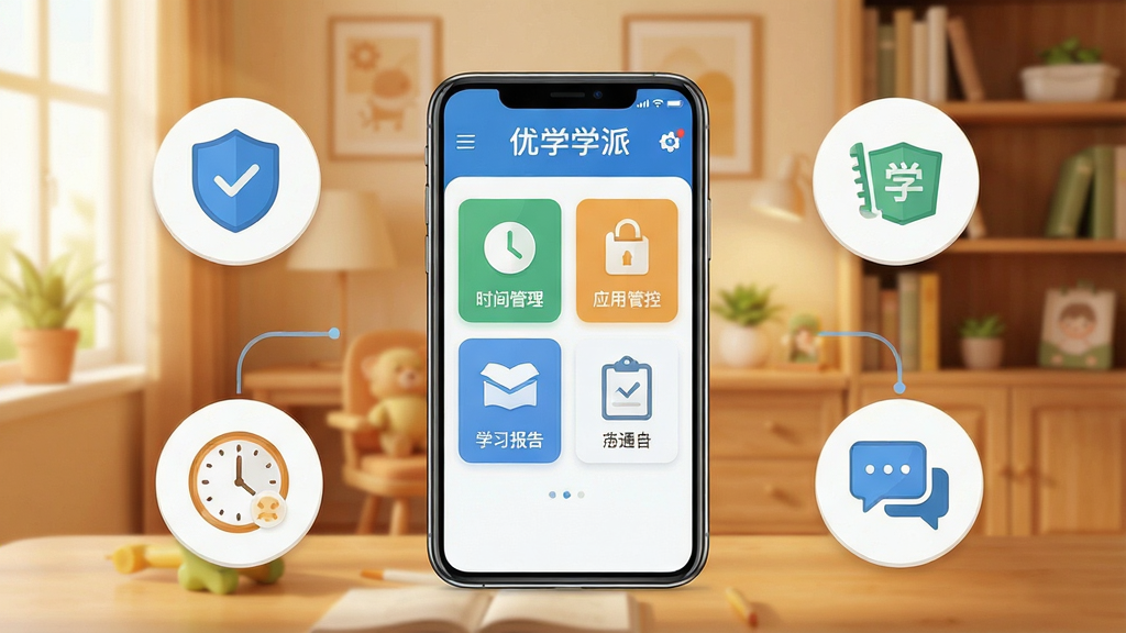 一张展示优学派家长管理软件核心功能的合成图片。画面中央是一部智能手机,屏幕上显示着优学派家长管理App的界面,界面中有时间管理、应用管控、学习报告等模块图标。手机周围环绕着代表安全、时间、学习、沟通的简约图标,背景是温馨的家庭书房环境。整体风格清新、科技感、扁平化设计,画质清晰,干净,无多余元素。