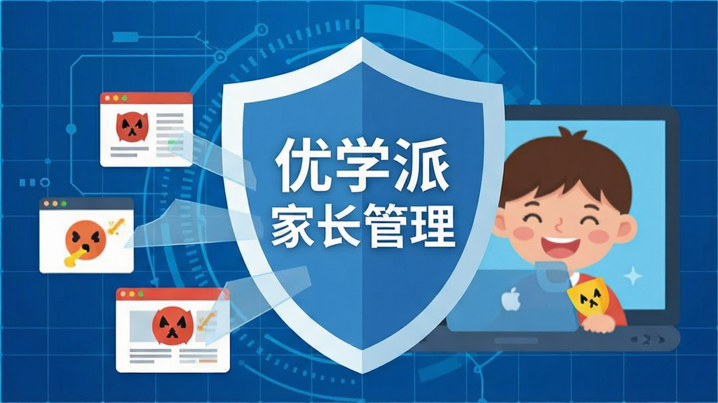 一张展示优学派家长管理上网保护功能的示意图。画面中央是一面盾牌,盾牌上写着“优学派家长管理”,盾牌前方是各种不良网站图标被弹开,后方是孩子安全上网的开心笑脸。背景是简洁的蓝色科技网格。整体风格安全、可靠、扁平化,画质清晰,干净,无多余元素。