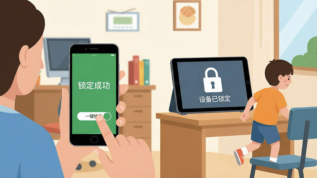 一张展示优学派家长管理一键锁定功能的场景图。画面中一位家长在办公室用手机点击“一键锁定”按钮,手机屏幕显示“锁定成功”;画面另一侧,家里的优学派平板屏幕上显示一个大大的锁图标和“设备已锁定”字样,孩子正起身离开书桌。整体风格生活化、简约、扁平化,画质清晰,干净,无多余元素。