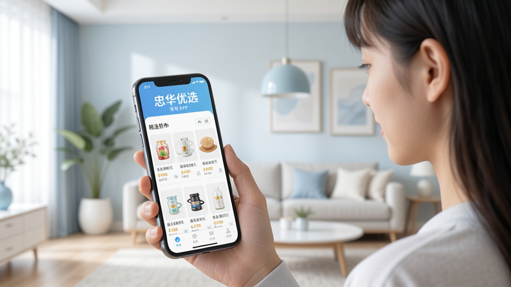 画面中央是忠华优选APP的首页界面展示,背景为明亮的现代家居环境,一位年轻用户正手持手机浏览商品列表,手机屏幕清晰显示忠华优选的中文标识与精选商品图片,整体采用清新简约的扁平化设计风格,色调以白色和浅蓝色为主,画面干净整洁,突出移动端购物的便捷感,高清画质,无多余杂乱元素
