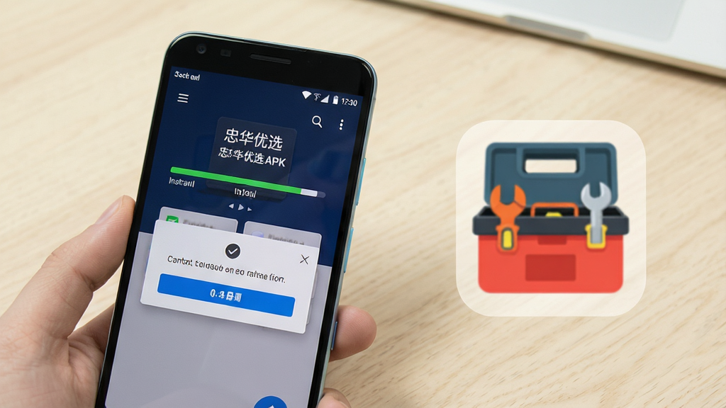 忠华优选APP安装与使用场景图,画面展示一部安卓手机正在安装忠华优选APK文件,屏幕显示安装进度条与权限确认弹窗,旁边放置一个打开的工具箱图标代表优化技巧,背景为简洁的浅色桌面,整体风格清晰实用,画质干净,无多余装饰元素