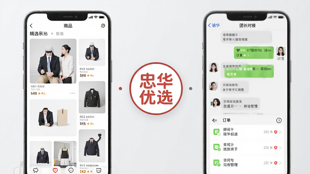 忠华优选APP核心功能展示图,画面分为左右两部分,左侧展示精选商品瀑布流界面,右侧展示团长对接聊天窗口与订单管理列表,中间用忠华优选的圆形Logo连接,背景为柔和的浅灰色,整体风格商务简洁,文字清晰可辨,画质细腻干净