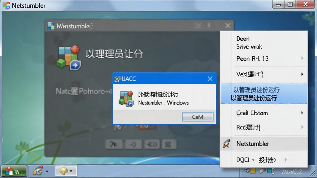 һ��չʾ Netstumbler �� Windows ϵͳ���Թ���Ա�������е�ʾ��ͼ������Ϊ�Ҽ��˵�������ͼ�꣬���־��У��Ű��࣬���Ϊ�̳�дʵ��ϸ�ڰ������Թ���Ա�������С�ѡ�������UAC �����������������ɾ����޶���Ԫ��