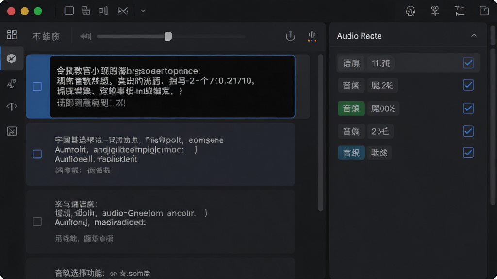 一张展示视频字幕与音轨选择功能的示意图,主体为软件界面中的字幕轨道列表和音频轨道选项,布局为纵向排列,排版清晰,风格为深色科技风,细节包括字幕文字预览、音轨语言标签和勾选框,画质高清,画面干净,无多余元素