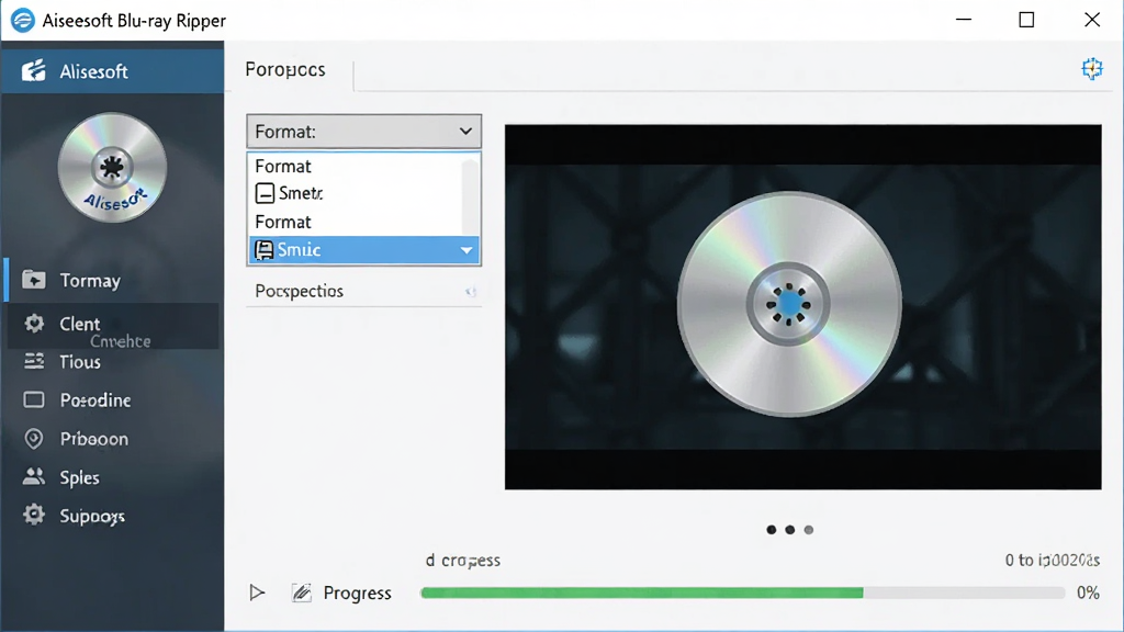 一张展示 Aiseesoft Blu-ray Ripper 软件界面的图片,主体为电脑屏幕上的软件主界面,布局为左侧功能导航栏与右侧视频预览窗口,排版简洁清晰,风格为现代科技感,细节包括蓝光光盘图标、格式选择下拉菜单和转换进度条,画质高清,画面干净,无多余元素