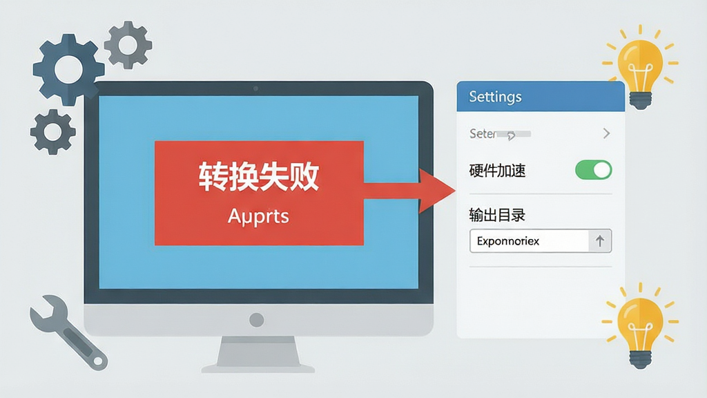 软件错误提示与解决示意图,画面展示电脑屏幕弹出“转换失败”提示框,旁边有箭头指向设置面板中的“硬件加速”开关和“输出目录”选项,周围有齿轮、扳手、灯泡等图标,采用扁平化插画风格,浅灰背景,布局清晰,细节丰富,画质高清,干净无多余元素