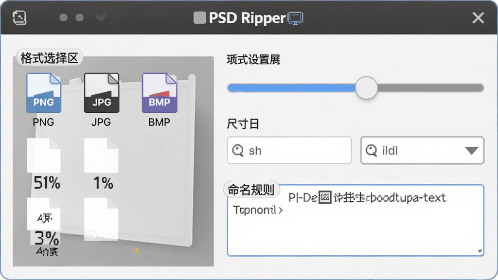 多格式输出支持功能展示图,主体为PSD Ripper导出设置面板,布局为格式选择区、质量调节滑块、尺寸输入框、命名规则文本框,排版紧凑合理,风格为清爽工具风格,细节包括PNG、JPG、BMP格式图标、质量百分比数字、尺寸像素标识,画质清晰,干净,无多余元素