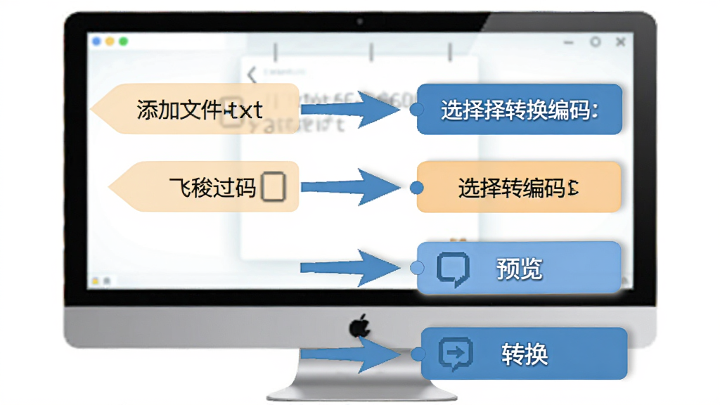 飞梭txt文本文件编码转换工具新手操作流程图,主体为电脑屏幕与步骤指引,布局从上到下展示添加文件、选择编码、预览、转换四步,排版清晰,风格为教程图解,细节包含箭头指示与文字标注,画质高清,干净,无多余元素