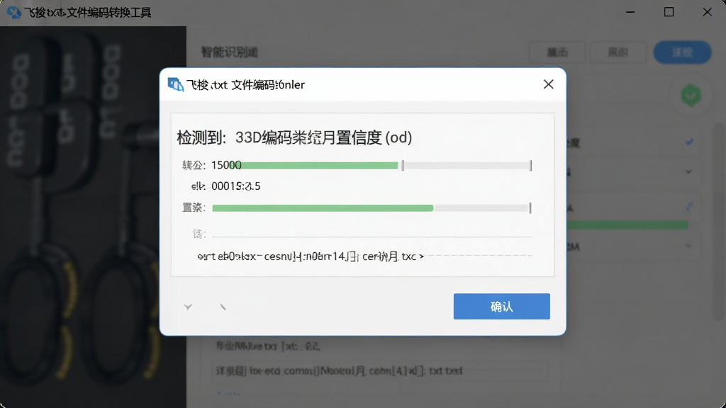 飞梭txt文本文件编码转换工具智能识别编码界面,主体为文件编码检测结果弹窗,布局中央显示检测到的编码类型与置信度,排版清晰,风格为现代对话框设计,细节包含确认按钮与详细信息,画质高清,干净,无多余元素
