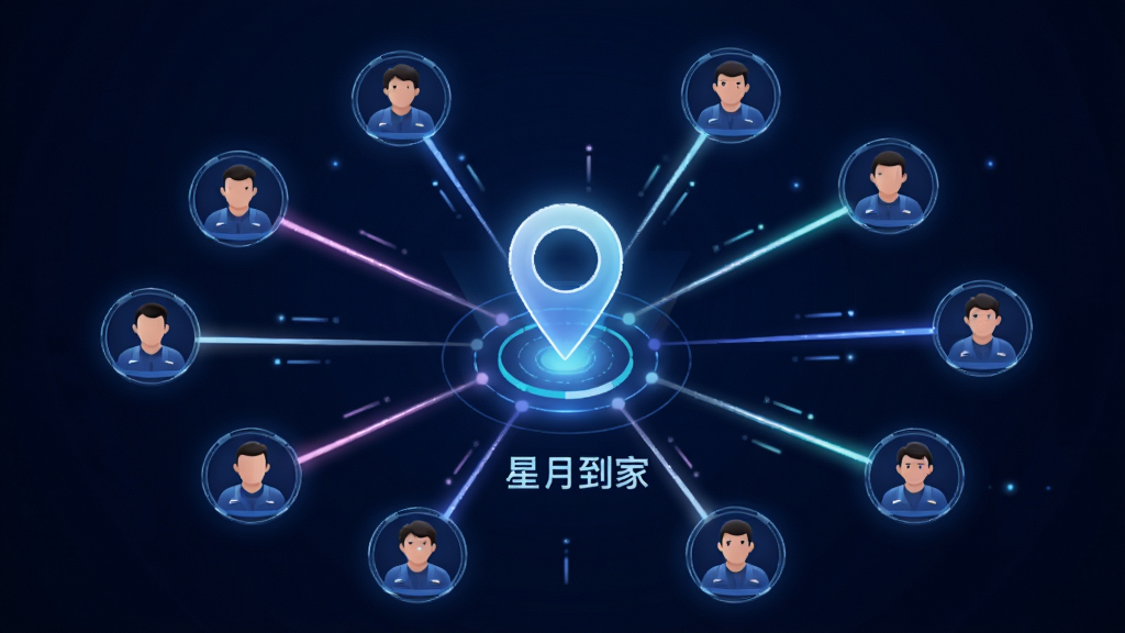 画面主体为一张抽象的数据网络图,中心是一个发光的定位图标,周围连接着多个代表技师的用户头像节点,节点之间用光线连接,布局为放射状网络结构,风格为科技感与未来感,细节上光线有渐变效果,背景为深蓝色,画质高清,干净利落,无多余元素,画面中文字为“星月到家”。
