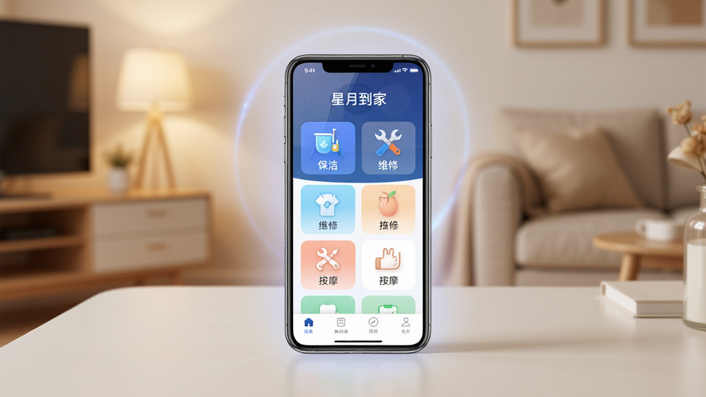 画面主体为一款智能手机,屏幕显示星月到家APP的首页界面,界面中包含保洁、维修、按摩等服务分类图标,手机放置在一张整洁的浅色桌面上,背景是温馨的家居环境,布局采用居中构图,风格为现代简约科技风,细节上手机屏幕有轻微反光,周围有柔和的光晕效果,画质清晰,干净明亮,无多余元素,画面中文字为“星月到家”。