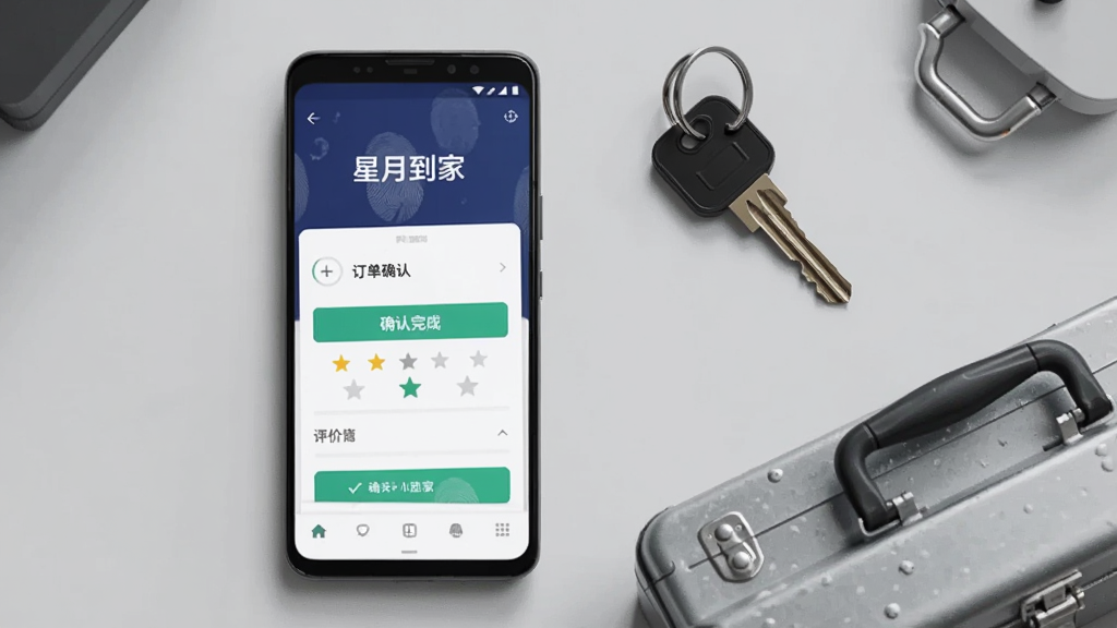 画面主体为一部安卓手机,屏幕显示星月到家APP的订单确认页面,页面中有“确认完成”按钮和评价星级,手机旁边放着一把钥匙和一个工具箱,布局为手机居中偏左,工具箱在右下方,风格为写实产品风,细节上手机屏幕有指纹痕迹,工具箱有金属质感,背景为浅灰色桌面,画质清晰,干净整洁,无多余元素,画面中文字为“星月到家”。