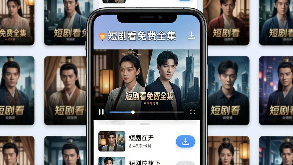一款名为“短剧看免费全集”的手机APP界面展示,主体为竖屏手机屏幕,屏幕中央显示短剧播放画面,画面中人物为古装与都市风格混合的剧集封面,布局为手机居中放置,周围环绕多个短剧封面缩略图,排版采用上下结构,上方为APP名称“短剧看免费全集”,下方为播放界面,风格为现代科技感与娱乐感结合,细节包括播放进度条、剧集列表、下载按钮图标,画质高清,干净,无多余元素