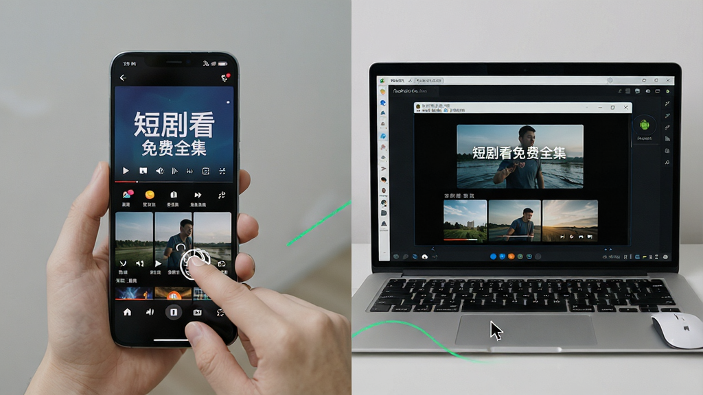 一部智能手机与一台笔记本电脑并排展示,手机屏幕显示“短剧看免费全集”播放界面,电脑屏幕显示安卓模拟器运行同一软件,主体为两设备对比,布局为左右并列,排版对称,风格为科技对比风格,细节包括手机触控操作手势、电脑鼠标指针、模拟器窗口,画质高清,干净,无多余元素