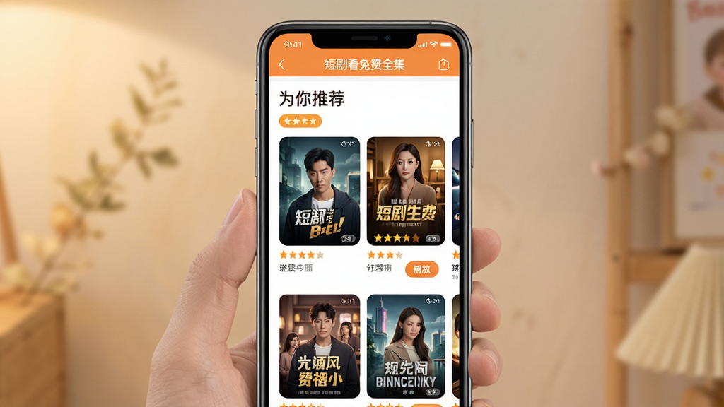 手机屏幕展示“短剧看免费全集”APP的个性化推荐页面,主体为竖屏手机,屏幕中央显示“为你推荐”字样,下方排列多部短剧封面,布局为纵向滑动列表,排版错落有致,风格为温馨舒适风格,细节包括推荐标签、剧集评分、播放按钮,画质高清,干净,无多余元素