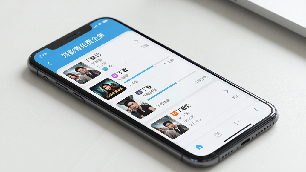 一部手机放置在桌面上,屏幕显示“短剧看免费全集”APP的下载管理界面,主体为手机屏幕,布局为列表式,排版清晰,风格为简约实用风格,细节包括已下载剧集列表、下载进度条、存储空间提示,画质高清,干净,无多余元素