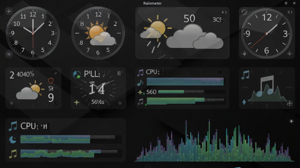 һ�Ÿ���ĵ��������ͼ������������Rainmeter��������ʱ��Ч�������������������Ű�͸����Բ��ʱ�ӡ����������CPU�ڴ����������ֿ��ӻ�Ƶ�ף���������ɫ�����ֽ��������Ƽ���ʮ�㣬����ɾ����࣬�޶���ͼ�꣬����������ϸ�ڷḻ���ʺ���Ϊ��������վչʾͼ