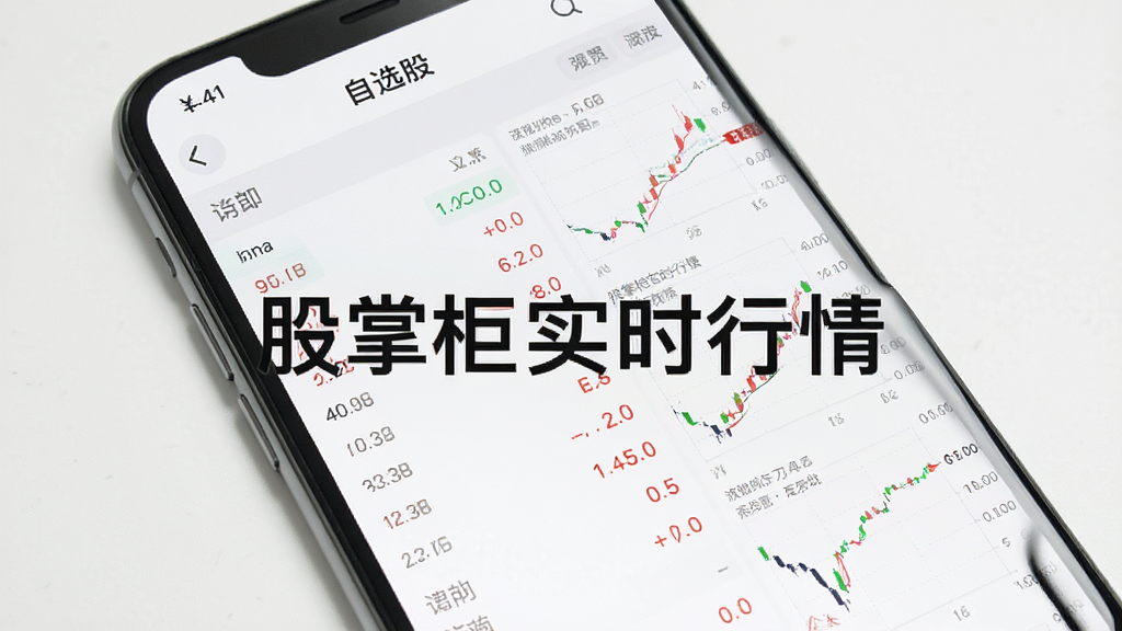 手机屏幕显示股掌柜自选股页面,多只股票以红绿数字排列,旁边有分时走势小图,背景是白色和浅灰色,画面干净整洁,风格简约现代,图片中带有文字