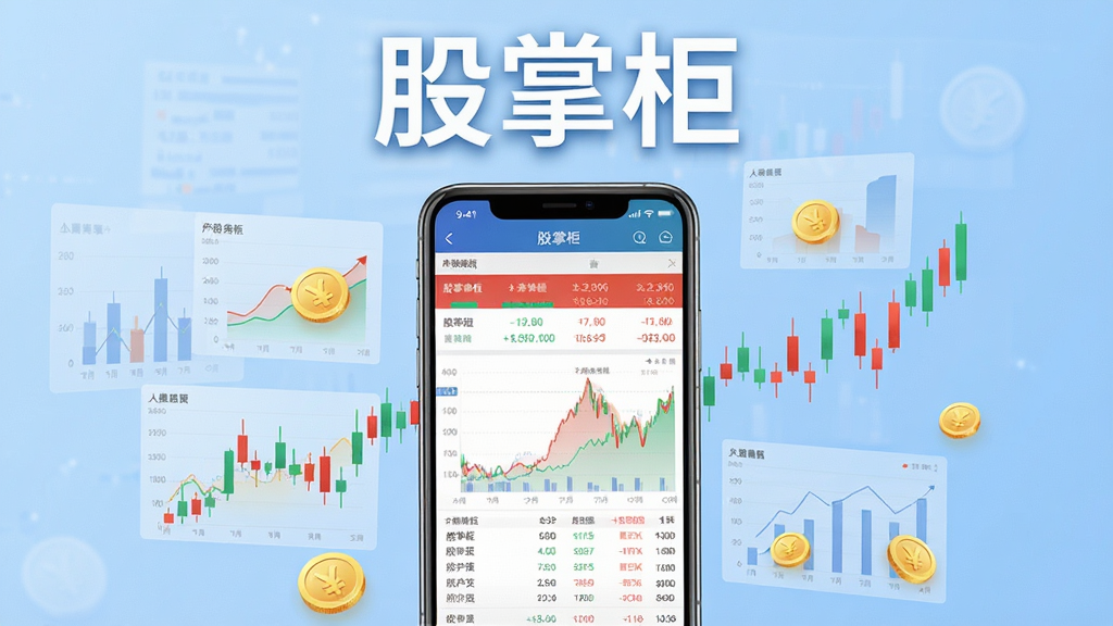 画面中央是一部智能手机,屏幕上显示股掌柜应用的主界面,界面里有红绿相间的股票行情列表和走势图,手机周围环绕半透明的金融数据图表、K线元素和金币图标,背景是浅蓝色渐变,整体采用简洁商务风格,细节清晰,画质干净,无多余元素,图片上方有醒目的文字
