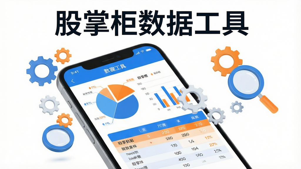 手机屏幕显示股掌柜数据工具页面,有饼状图、柱状图和数字表格,配色以蓝色和橙色为主,背景是白色,画面中漂浮着齿轮和放大镜元素,风格科技简洁,图片上方有文字