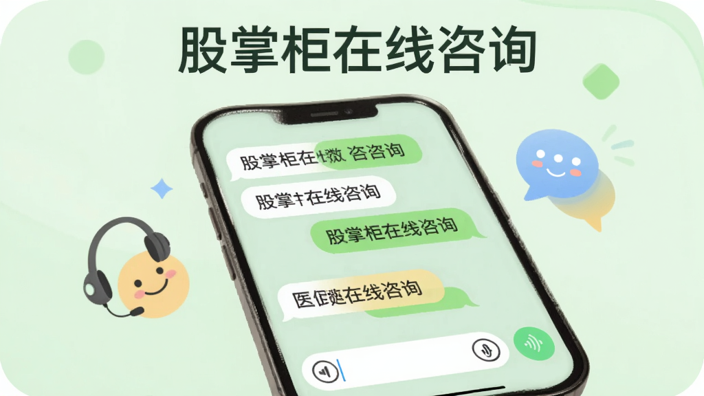 手机屏幕显示股掌柜在线咨询聊天界面,对话气泡左右排列,底部有输入框和语音按钮,背景是柔和的浅绿色,画面中有耳机和对话图标,风格亲切友好,图片上方有文字