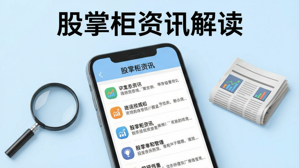 手机屏幕显示股掌柜资讯页面,标题列表排列整齐,每一条资讯旁边有小图标,背景是淡蓝色,画面中有放大镜和报纸元素,整体风格清新商务,图片上方有文字
