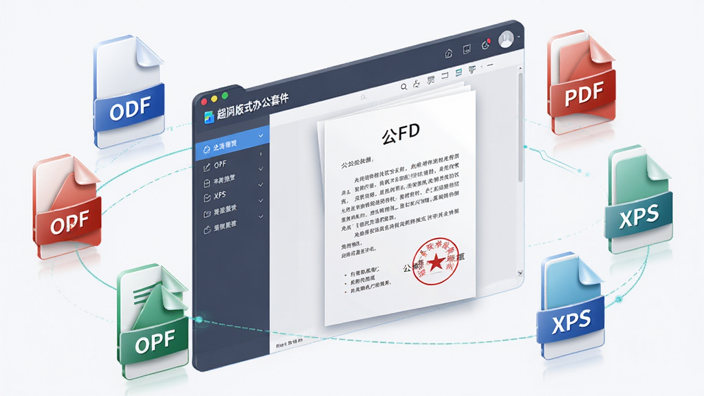 一张展示超阅版式办公套件多格式兼容能力的示意图,画面中多个不同格式的文档图标围绕软件主界面排列,包括OFD、PDF、XPS等标识,软件界面内部显示一份带有红色印章的公文文档,风格为科技感商务插画,细节包括格式图标光泽、文档页面微立体感,画质高清,干净整洁,无多余装饰