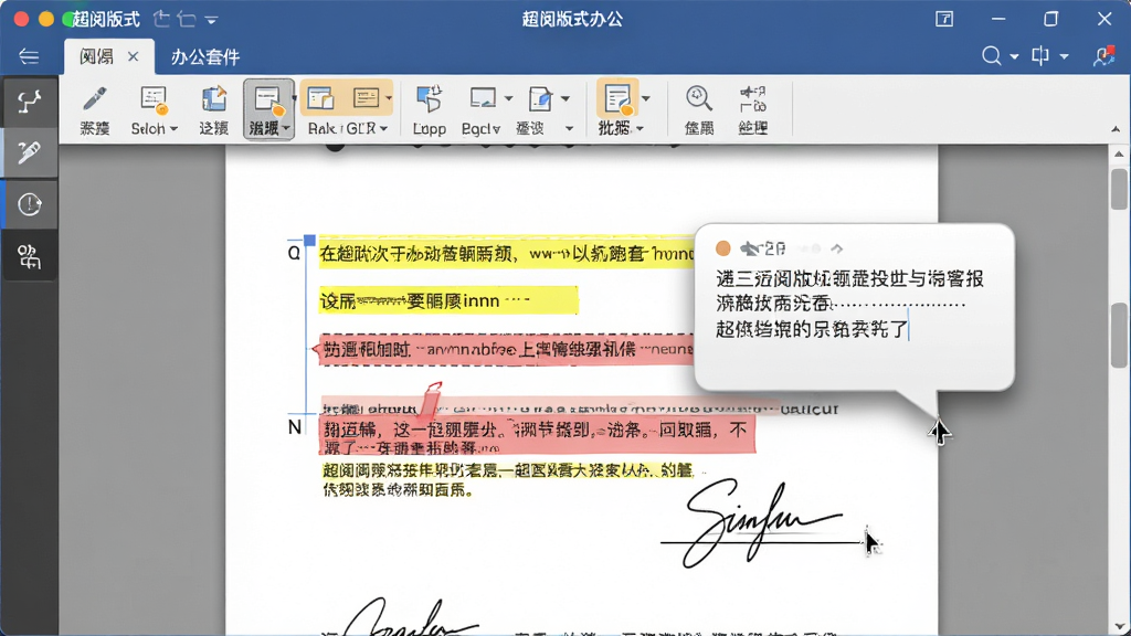 一张展示超阅版式办公套件编辑批注功能的场景图,画面中软件界面打开一份合同文档,文档上显示黄色高亮标记、红色批注文字和手写签名,工具栏中批注工具图标被高亮选中,风格为写实软件操作截图风格,细节包括批注气泡、光标位置、工具栏阴影,画质清晰,干净无杂乱元素,背景为浅色办公桌面