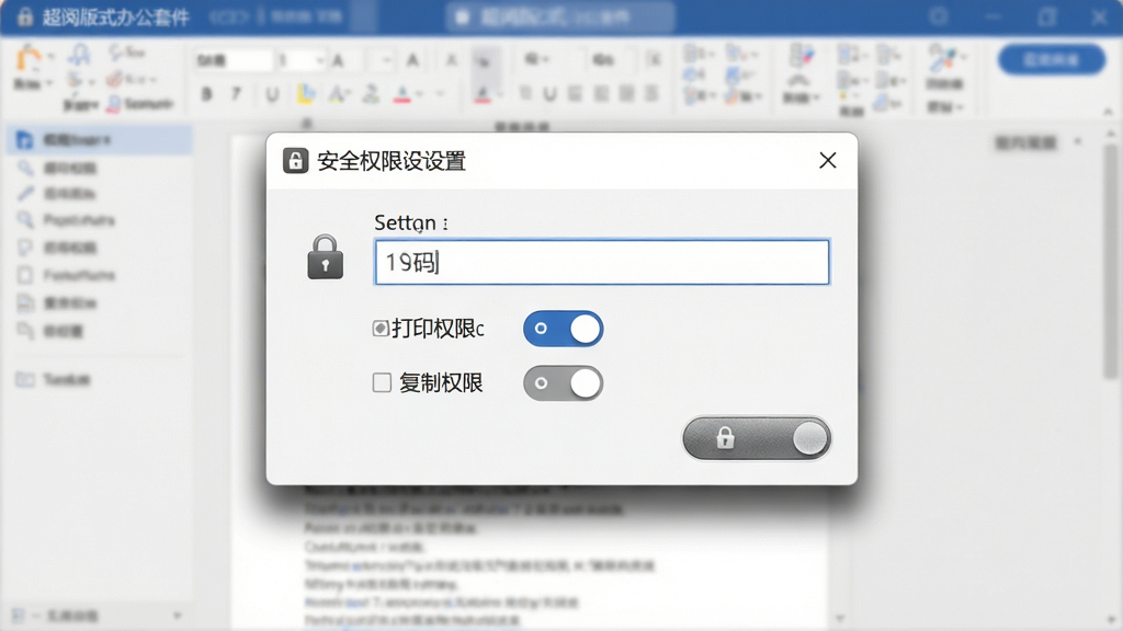 一张展示超阅版式办公套件安全权限设置界面的图片,画面中软件弹出一个权限设置对话框,包含密码输入框、打印权限开关、复制权限开关等选项,背景为模糊的文档界面,风格为现代安全软件UI设计,细节包括锁形图标、开关按钮质感、对话框投影,画质清晰,干净无多余元素