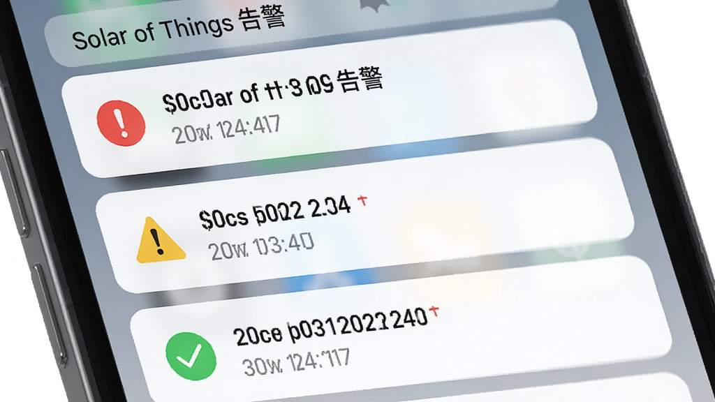主体是一个手机通知中心界面,布局为纵向列表,排版为每条告警占据一个卡片,风格为简洁明快的信息流设计,细节包括红色感叹号图标、黄色警告三角、绿色对勾图标、时间戳文字,画质为高清,干净无多余元素,画面中带有文字“Solar of Things 告警”