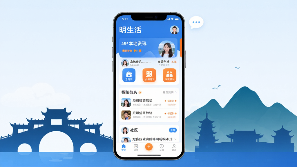 画面主体是一部智能手机,屏幕内展示明生活APP的主界面,包含本地资讯卡片、招聘信息列表和社区帖子流;布局为手机居中,周围环绕余姚地标建筑剪影如通济桥、龙泉山;排版采用上下分层,上方为应用名称明生活,下方为功能模块图标;风格为清新扁平化UI设计,色调以蓝白为主,点缀橙色高亮;细节包括圆角卡片、底部导航栏、用户头像气泡;画质为高清2K,干净无多余元素。