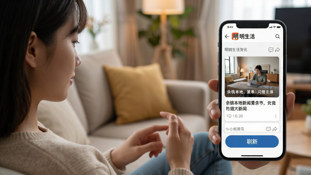 画面主体为一名年轻用户坐在沙发上用手机浏览明生活资讯页面,屏幕显示余姚本地新闻标题与配图;布局采用三分法,人物居左、手机屏幕居右、背景为温馨客厅;排版突出资讯卡片和刷新按钮;风格为写实生活摄影感;细节包括手机界面上的明生活logo、时间戳、评论图标;画质为高清4K,干净自然,无多余元素。