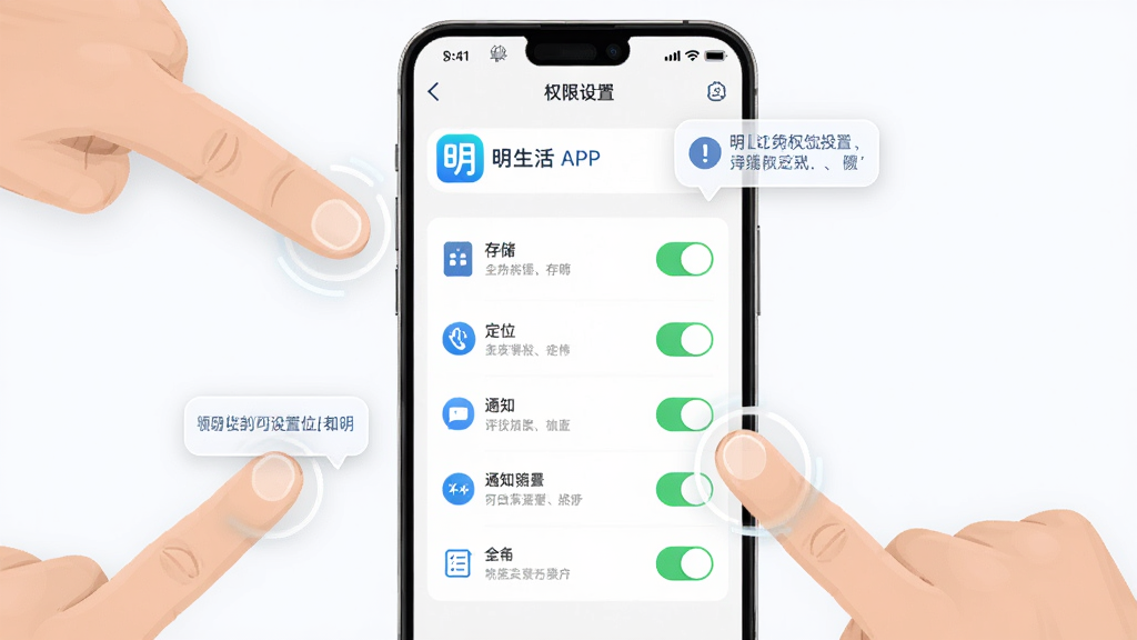 画面主体为手机屏幕显示明生活APP的权限设置界面,包含存储、定位、通知等开关选项;布局为手机居中,周围有手指点击示意;排版突出权限开关和说明文字;风格为扁平化科技风;细节包括明生活图标、权限图标、提示气泡;画质为高清2K,干净无多余元素。