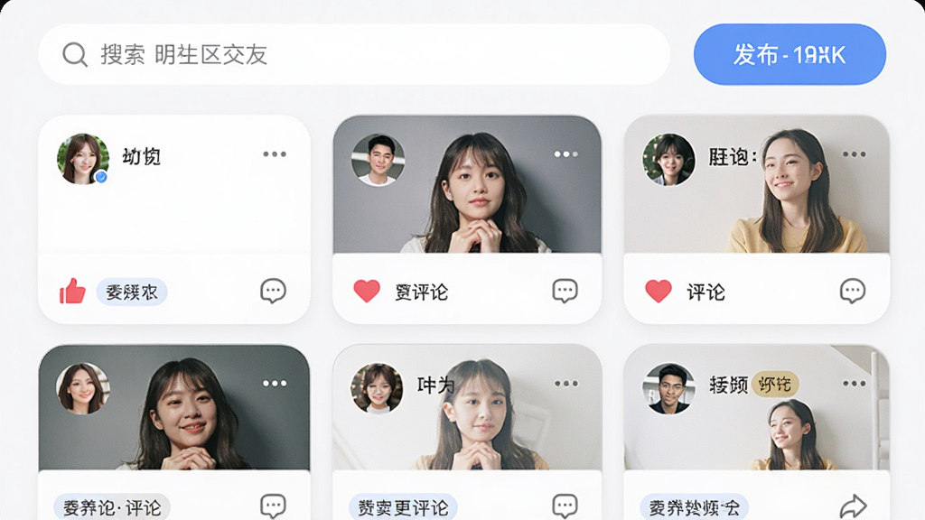 画面主体为明生活APP的社区交友界面,展示多个用户头像和动态卡片;布局为网格状排列,顶部有搜索栏和发布按钮;排版清晰,卡片圆角设计;风格为现代社交应用UI;细节包括点赞图标、评论气泡、距离标签;画质为高清2K,干净整洁,无多余元素。