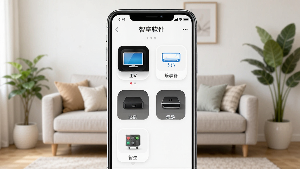 一张展示万能遥控器智享控软件界面的手机样机图,画面中央是一部现代智能手机,屏幕上显示着万能遥控器智享控的主控制面板,面板上有电视、空调、机顶盒等设备图标,背景是温馨的客厅环境,有沙发和绿植,风格简洁明亮,细节清晰,画质高清,干净无多余元素