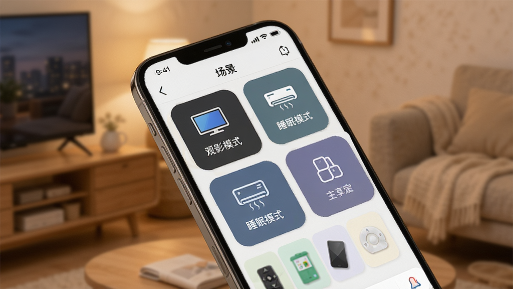 一张展示万能遥控器智享控自定义按键与场景功能的图片,手机屏幕显示场景编辑界面,有观影模式、睡眠模式等场景卡片,卡片上有电视、空调等图标,风格温馨,细节清晰,画质高清,干净无多余元素