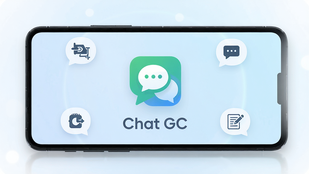 一张展示智能手机屏幕的图片,屏幕中显示着Chat GC应用的主界面,界面中央有醒目的对话气泡图标和“Chat GC”字样,背景是柔和的浅蓝色渐变,周围环绕着代表翻译、问答、写作的简约小图标,整体风格清新科技,画质清晰,干净无多余元素
