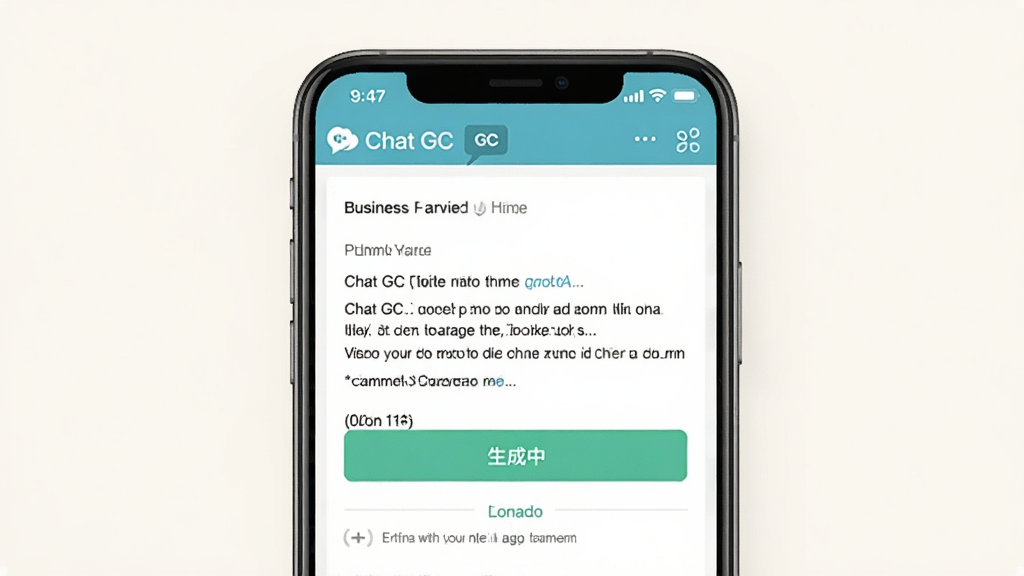 一张展示Chat GC写作辅助功能的图片,手机屏幕显示一篇正在生成的商务邮件草稿,界面中有“Chat GC”标识和“生成中”的进度提示,背景是淡雅的米白色,风格专业清晰,画质干净,无多余元素