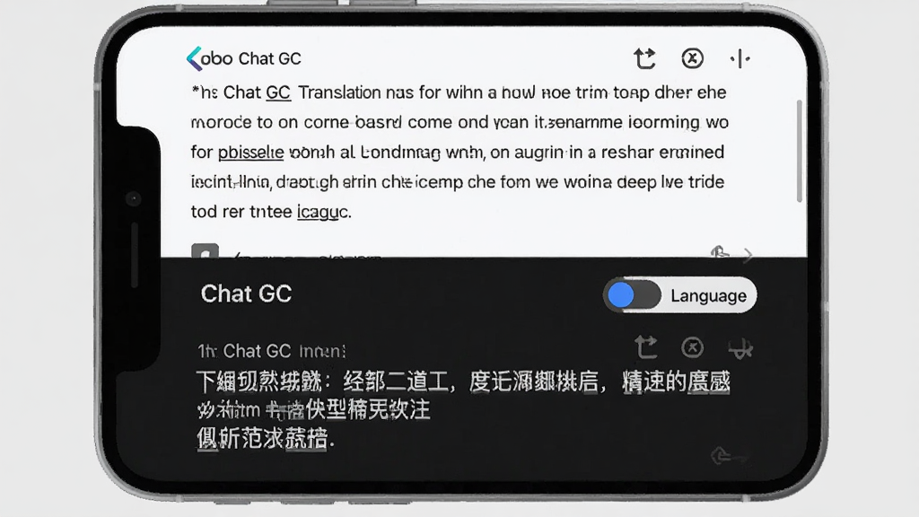 一张展示Chat GC翻译功能的图片,手机屏幕分为上下两部分,上方是英文段落,下方是即时生成的中文翻译结果,界面中有“Chat GC”的Logo和语言切换按钮,背景为浅灰色,风格商务简洁,画质清晰,无多余元素