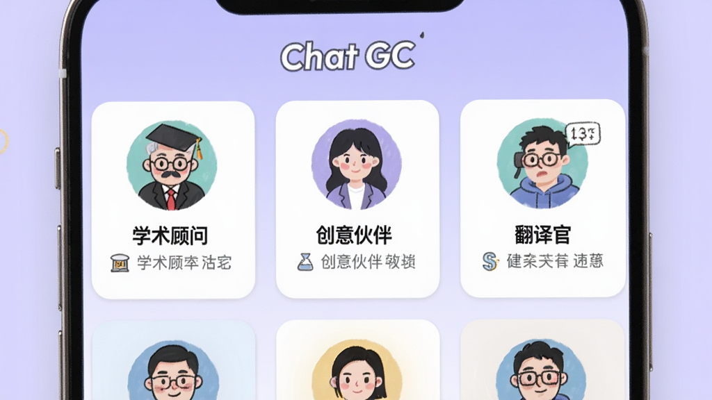 一张展示Chat GC角色设定界面的图片,手机屏幕中显示多个角色头像卡片,如“学术顾问”、“创意伙伴”、“翻译官”等,每个卡片下方有简短描述,界面顶部有“Chat GC”字样,背景为柔和的浅紫色,风格活泼,画质清晰,无多余元素