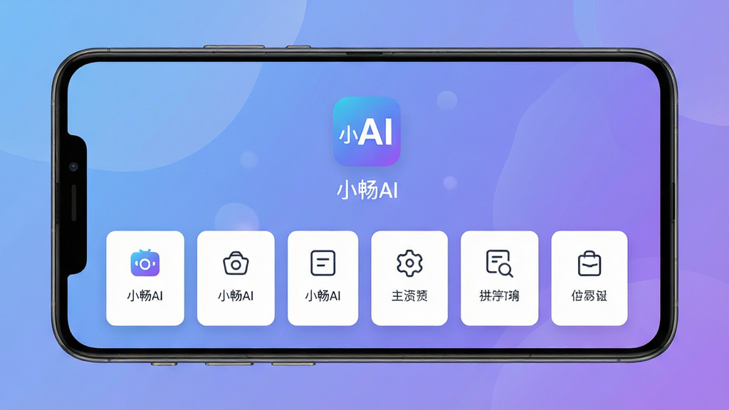 主体为一部安卓手机屏幕亮起,屏幕中央显示“小畅AI”应用界面,布局采用居中对称构图,排版上方为软件图标与名称,下方为功能卡片横向排列,风格为现代科技感扁平化设计,细节包括柔和的蓝紫渐变背景、干净的白色卡片、简洁的图标线条,画质高清,干净,无多余元素。