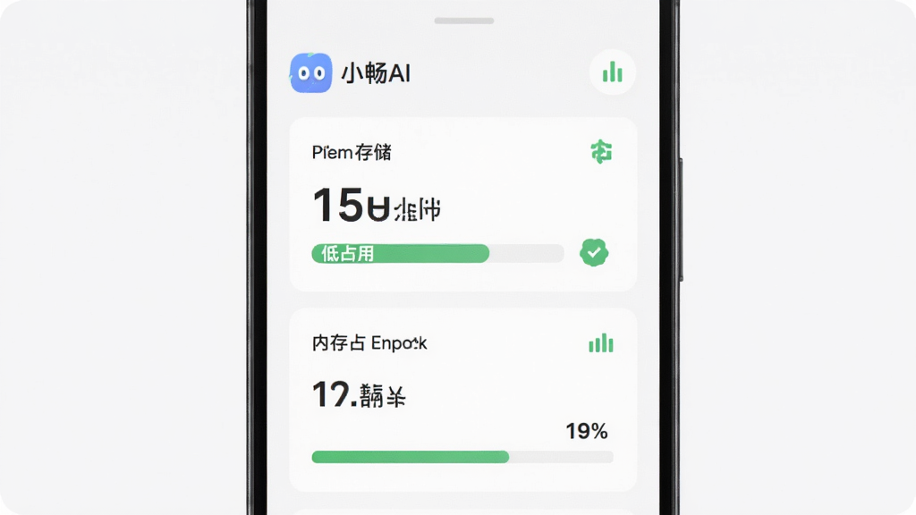 主体为小畅AI在安卓手机上的资源占用示意图,布局为手机屏幕中央显示存储与内存占用数据面板,排版上下结构,风格为简约数据可视化,细节包括“小畅AI”名称、绿色低占用标识、干净的白色背景,画质高清,干净,无多余元素。