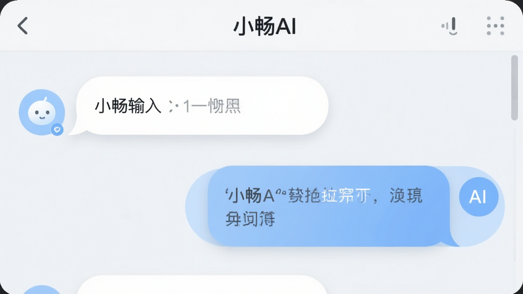 主体为小畅AI的对话界面特写,布局为左侧用户输入气泡、右侧AI回复气泡,排版上下排列,风格为清爽浅色系UI,细节包括圆角对话框、微妙的阴影层次、顶部“小畅AI”文字标识,画质高清,干净,无多余元素。