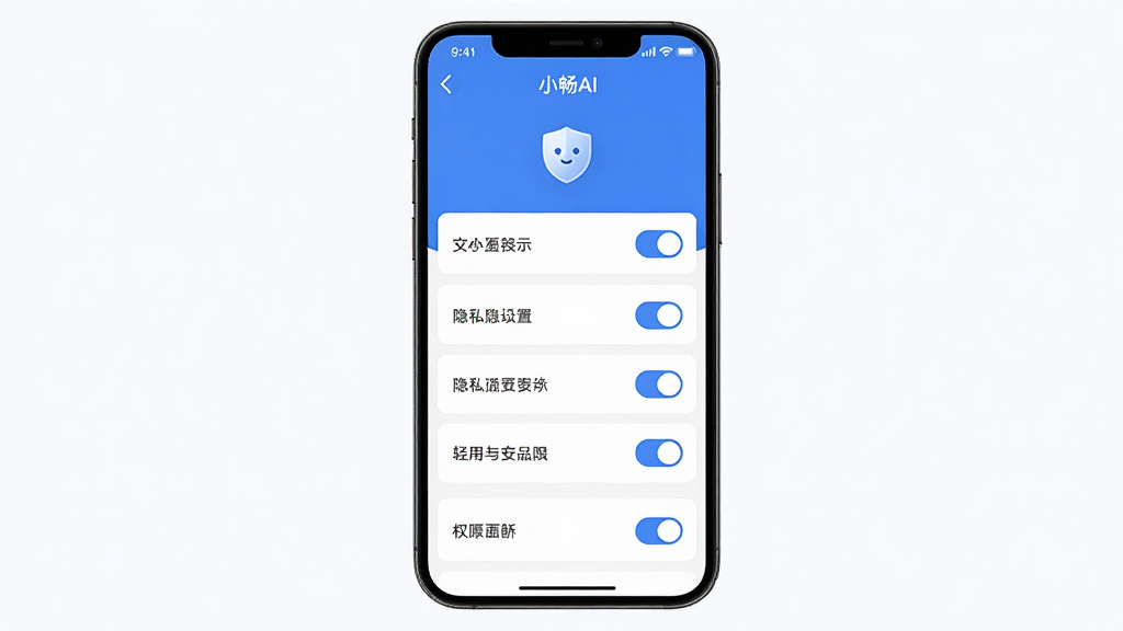 主体为小畅AI隐私设置页面,布局为手机屏幕中央显示权限开关列表,排版纵向排列,风格为安全简洁的蓝白配色,细节包括“小畅AI”标题、盾牌图标、清晰的开关状态,画质高清,干净,无多余元素。